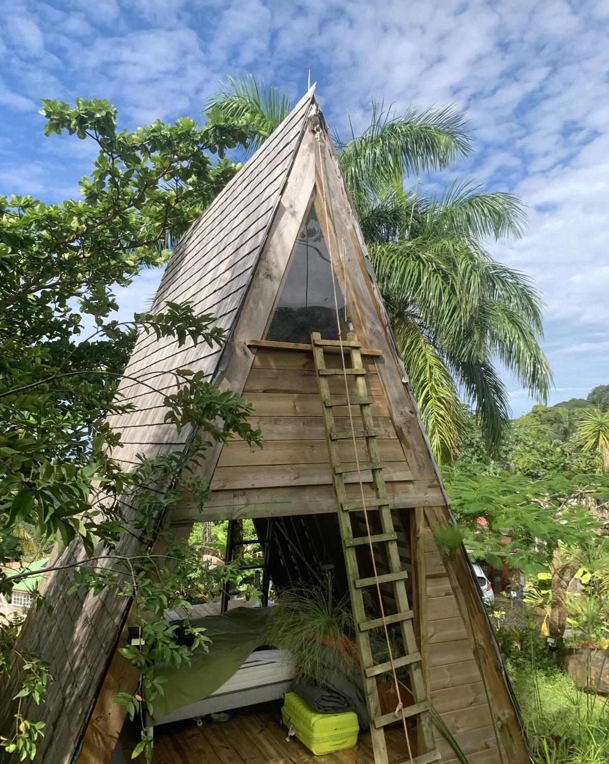 The A-frame amid the trees during work beneath the roof
