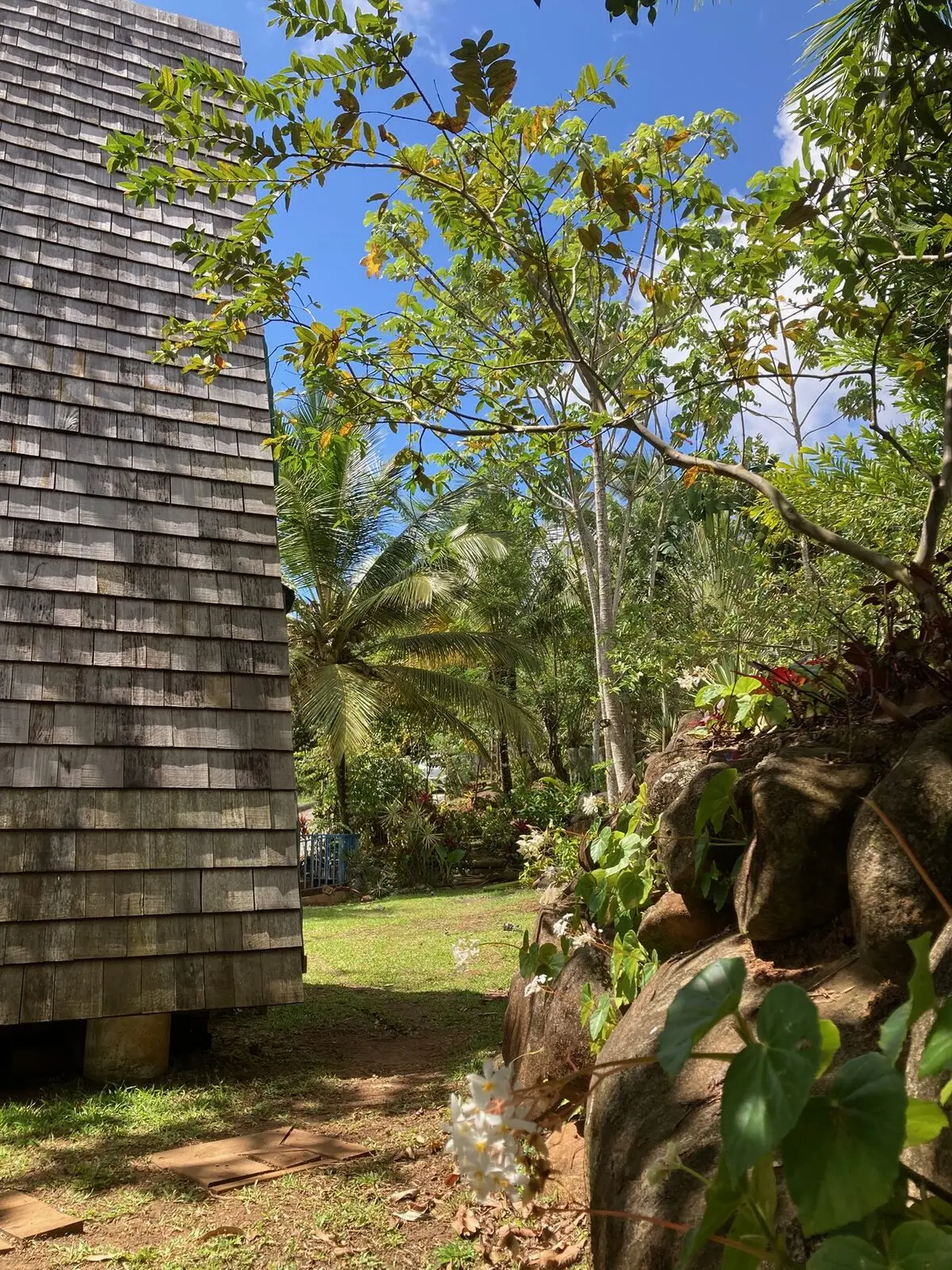A-frame beside volcanic rocks and tropical planting, garden of Les Vendredis, Sainte-Luce