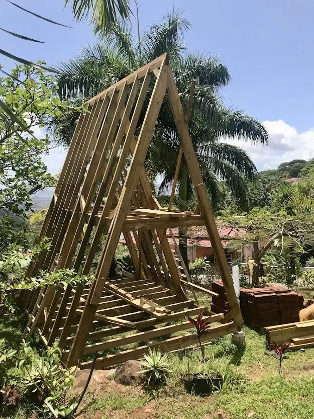 A-frame wooden skeleton under construction, Sainte-Luce, Martinique