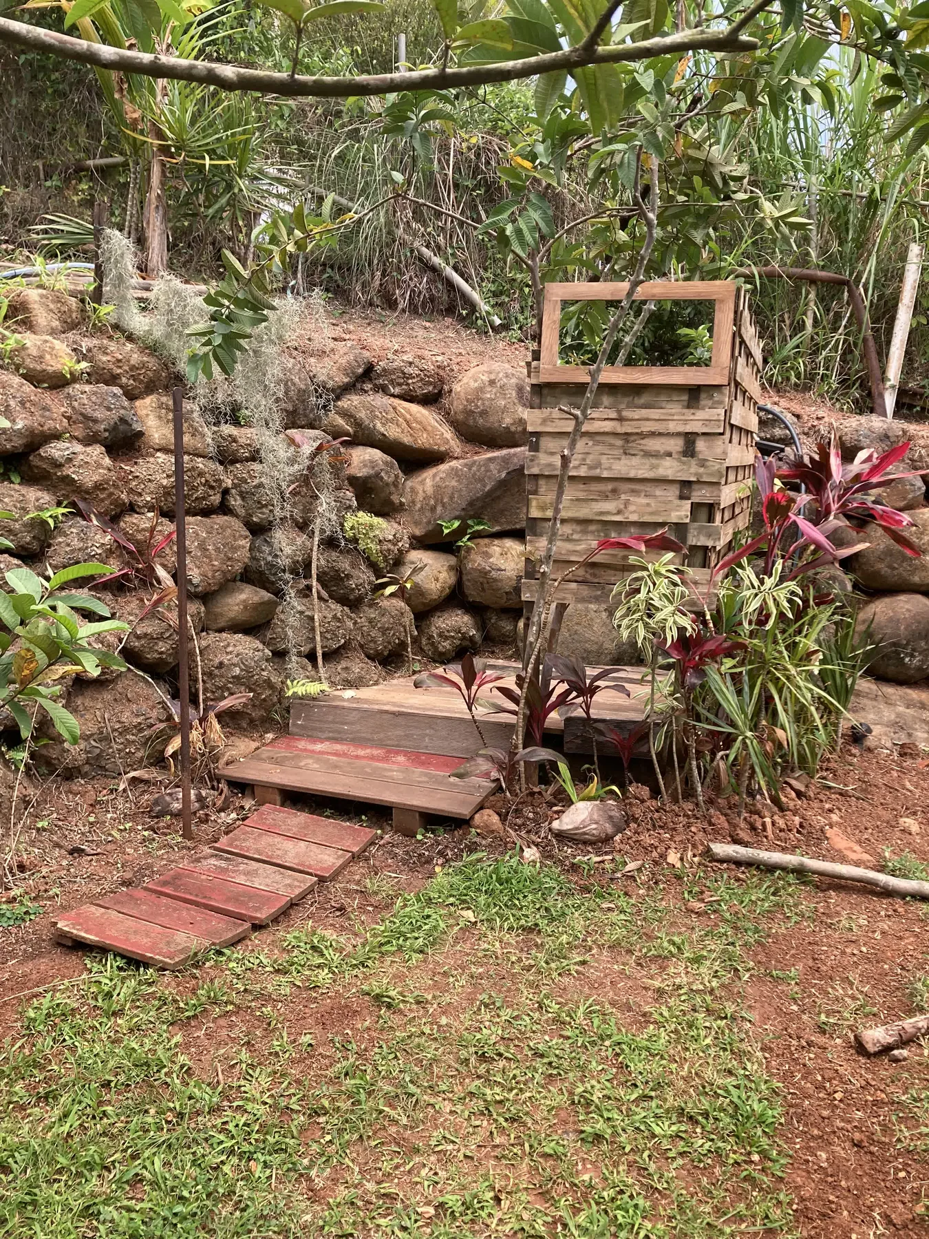 Chemin et entrée de la cabine des toilettes sèches dans le jardin des Vendredis