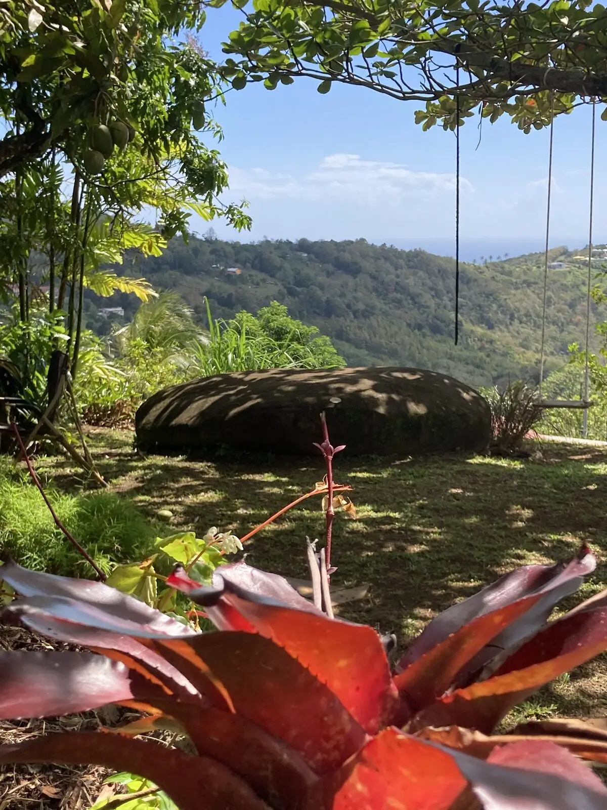 Vue sur le jardin et les collines depuis Les Vendredis, Sainte-Luce